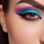 **Close-up shot of a woman's face, focusing on her eyes, with vibrant and expertly applied eyeshadow. The makeup should reflect a current beauty trend, perhaps a colorful graphic eyeliner or a 'glowy skin' look. Emphasis on high-quality makeup products and blending techniques. Soft, diffused lighting.**