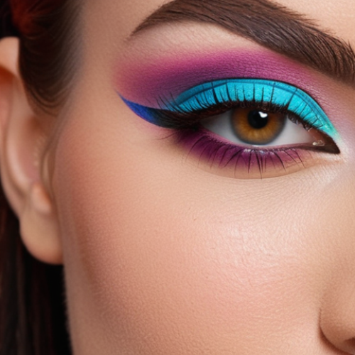 **Close-up shot of a woman's face, focusing on her eyes, with vibrant and expertly applied eyeshadow. The makeup should reflect a current beauty trend, perhaps a colorful graphic eyeliner or a 'glowy skin' look. Emphasis on high-quality makeup products and blending techniques. Soft, diffused lighting.**