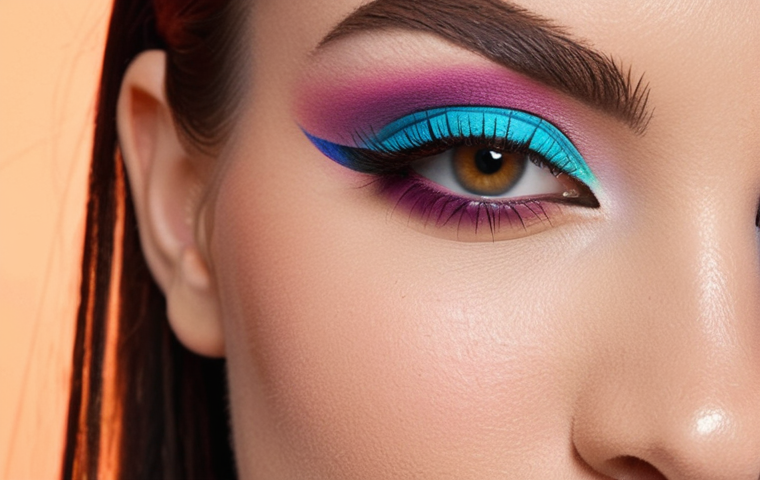**Close-up shot of a woman's face, focusing on her eyes, with vibrant and expertly applied eyeshadow. The makeup should reflect a current beauty trend, perhaps a colorful graphic eyeliner or a 'glowy skin' look. Emphasis on high-quality makeup products and blending techniques. Soft, diffused lighting.**