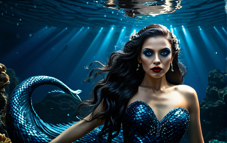 할로윈 메이크업 실무 팁 - Dark Siren**
"A mesmerizing dark siren, scales painted in shimmering black and deep blues, dramatic...
